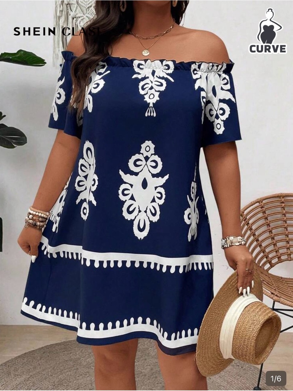 SHEIN Navy and White Off-Shoulder Embroidered Swing Dress